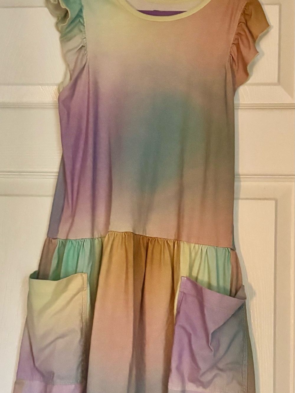 Tea Collection Pastel Rainbow Ruffle-Sleeve Dress with Pockets